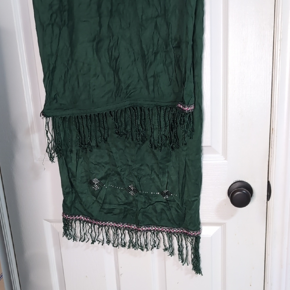 Source Unknown | OS - One Size | Sheer Green Fringe Scarf With Embellishments